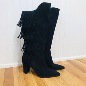 INC Yomesa Black Faux Suede Fringe Knee High‎ Boot Chunky Block Heel Size 11 New